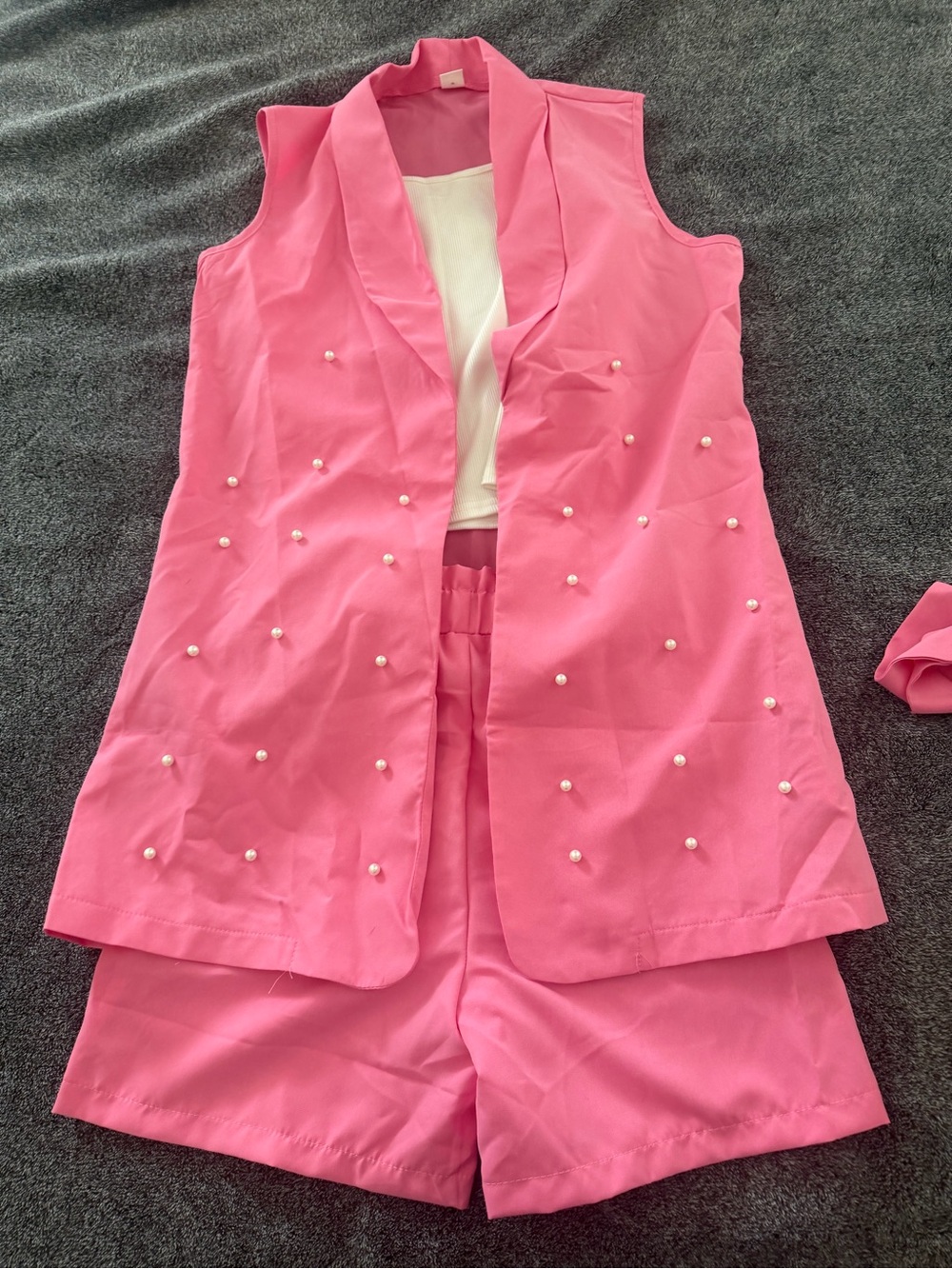 Pink Pearl-Embellished Sleeveless Blazer & Shorts Set
